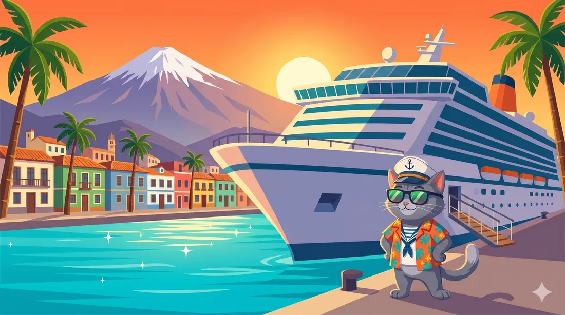 Crucero atracado en el puerto de Santa Cruz de Tenerife con el Teide al fondo
